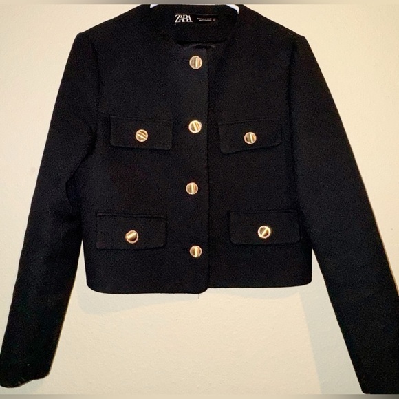 Zara Jackets & Blazers - ZARA Black Cropped Blazer Jacket – Gold Button Detail | Size S